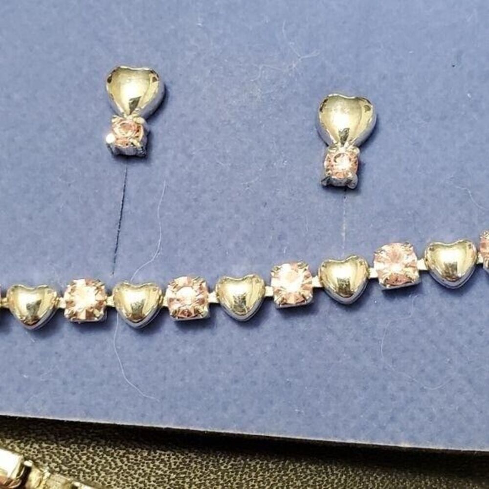 Avon pink rhinestone silver tone heart heart earrings bracelet
